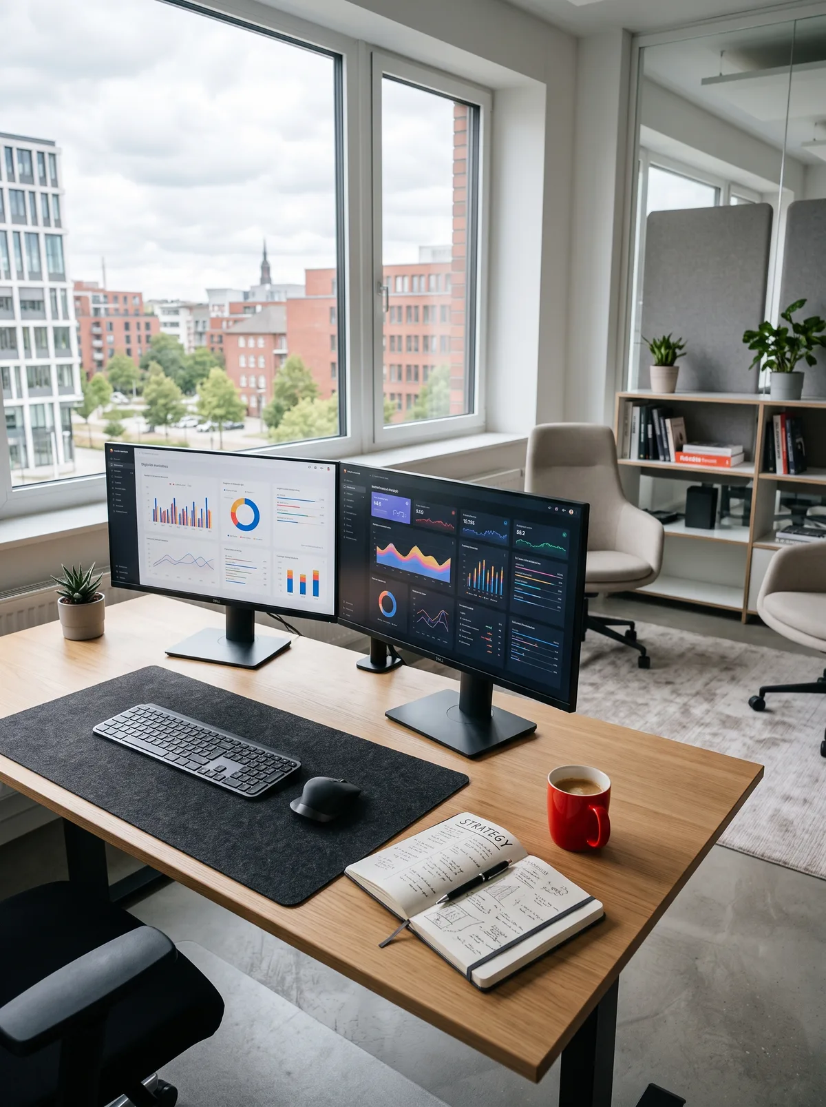 Büro von Frontside Media mit Analytics-Dashboards auf zwei Monitoren