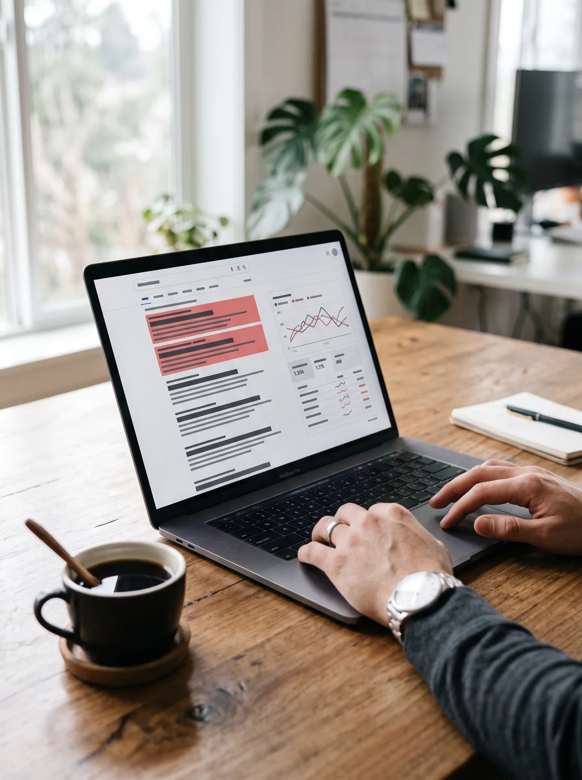 Google Ads: Suchergebnisse mit Anzeigen und Performance-Chart auf dem Laptop