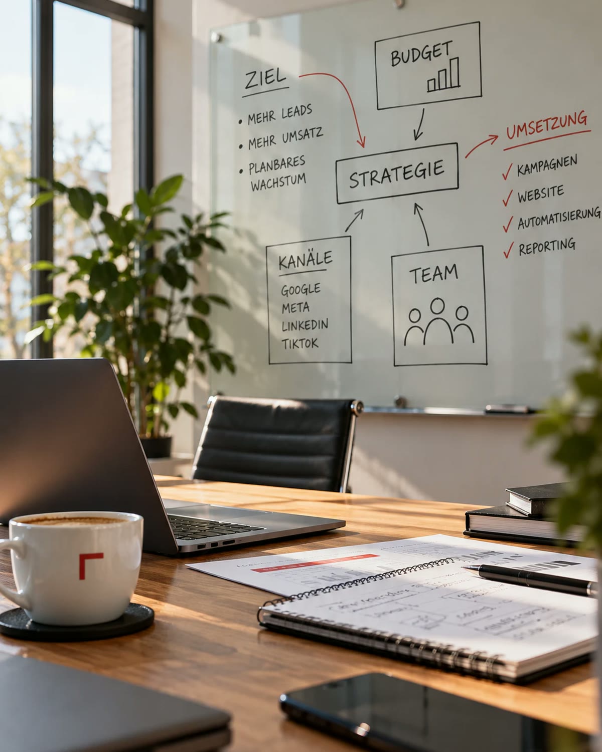 Whiteboard mit Marketing-Konzept: Ziel, Budget, Kanäle und Team führen zur Strategie und zur Umsetzung mit Kampagnen, Website, Automatisierung und Reporting