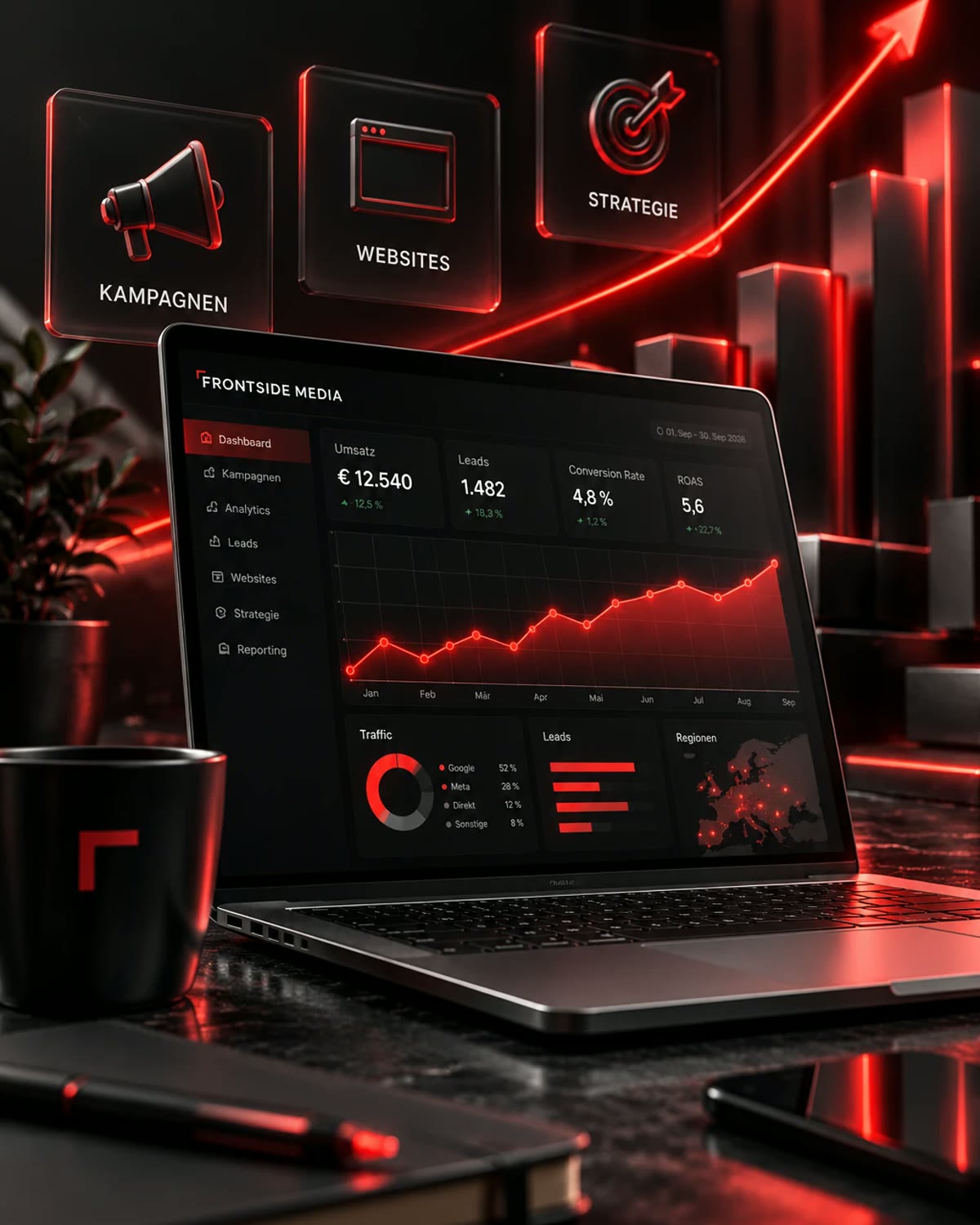 Laptop mit Frontside-Media-Dashboard in Schwarz und Rot, darüber drei Kacheln: Kampagnen, Websites, Strategie