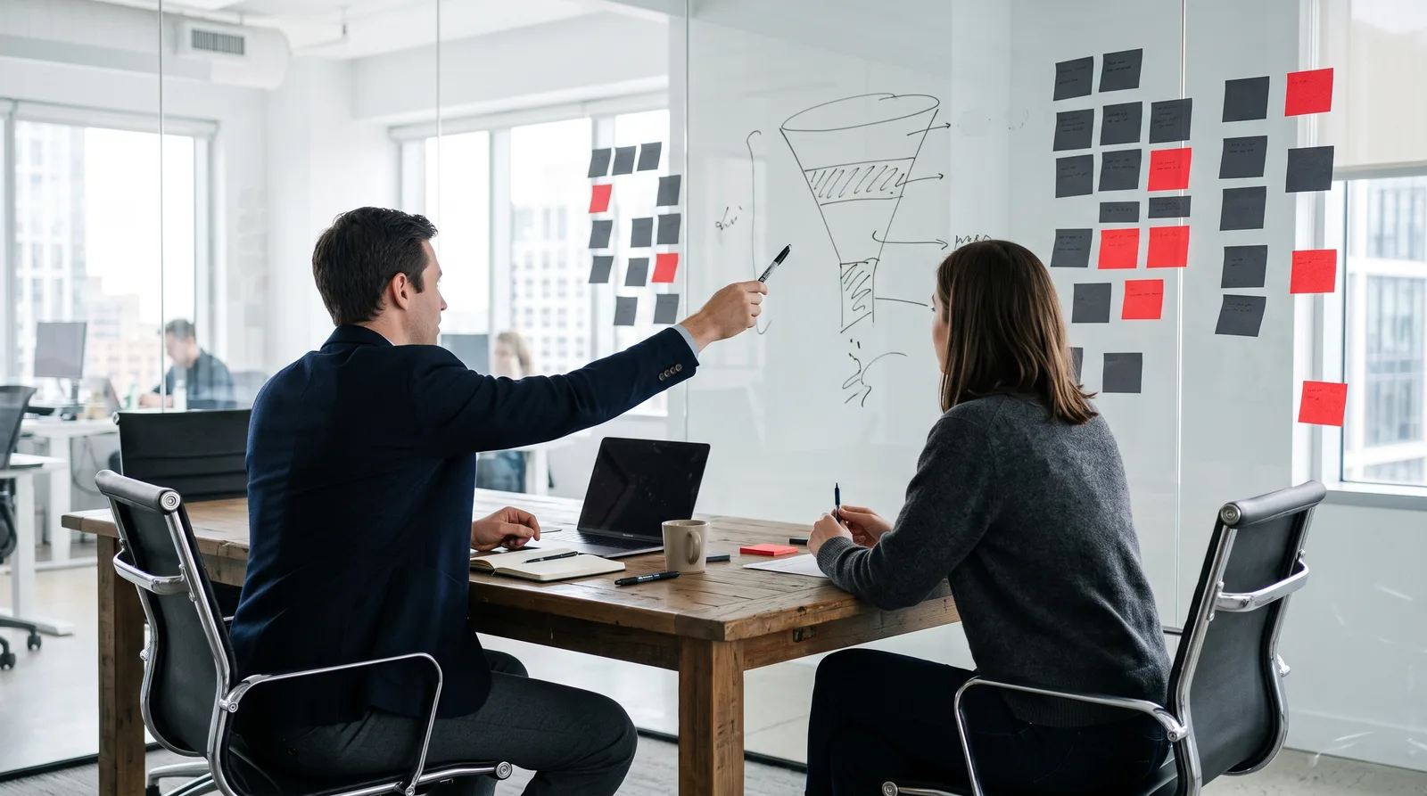 Konzeptentwicklung: Strategie-Workshop mit Funnel-Skizze an der Glaswand