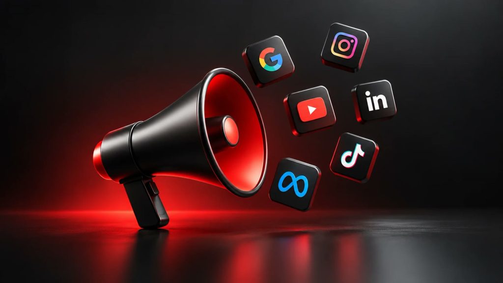 Schwarz-rotes Megafon, aus dem die Logos von Google, Instagram, YouTube, LinkedIn, Meta und TikTok kommen