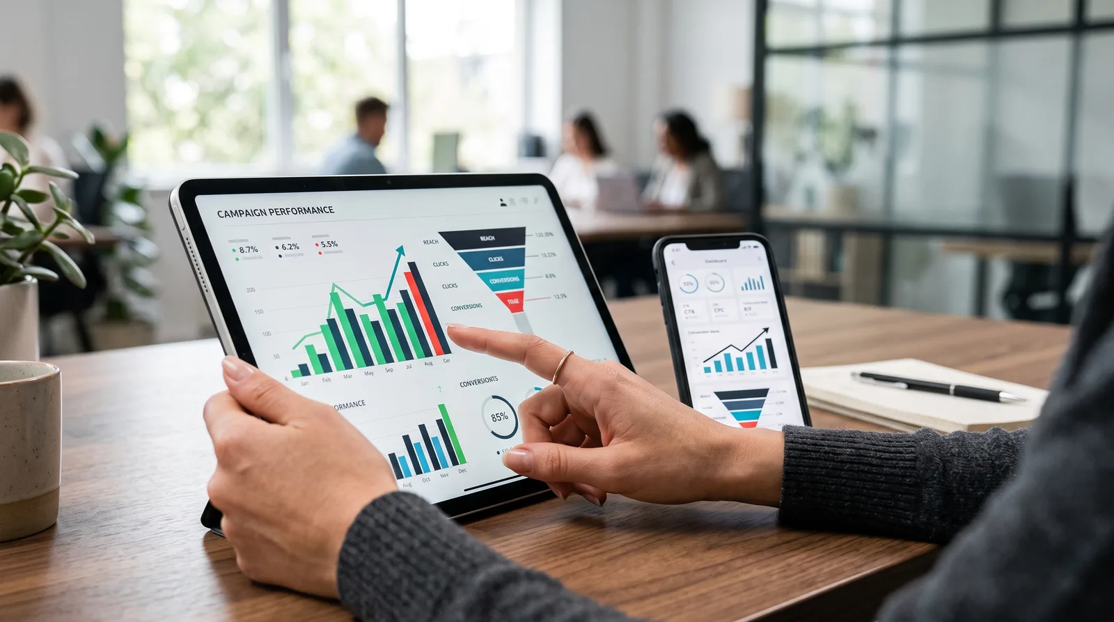 Performance Marketing: Kampagnen-Dashboard mit Conversion-Daten auf Tablet und Smartphone