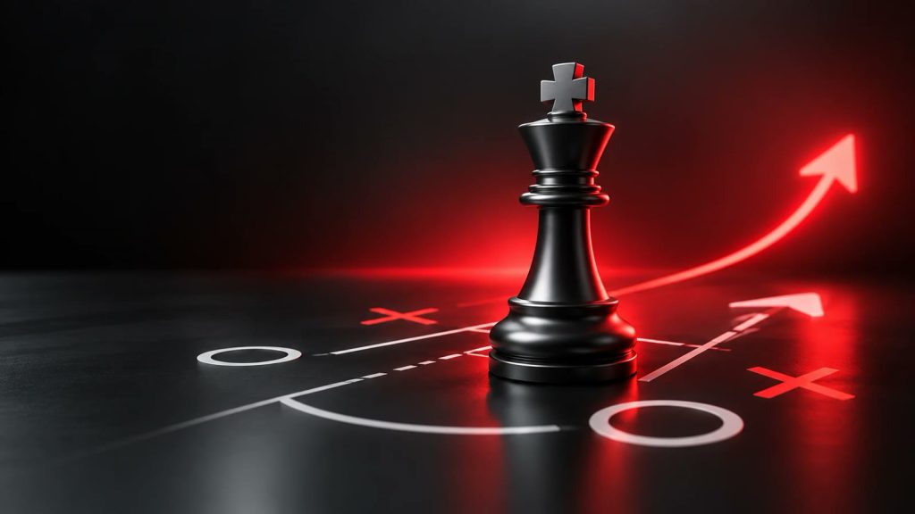 Schwarzer Schachkönig auf einem Spielfeld mit taktischen Linien und rot leuchtendem Wachstumspfeil