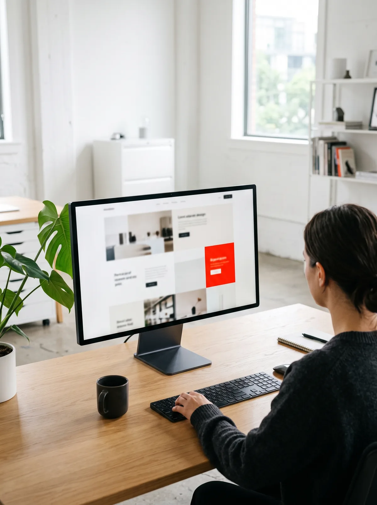 Webdesigner arbeitet an einer modernen Website mit rotem Call-to-Action