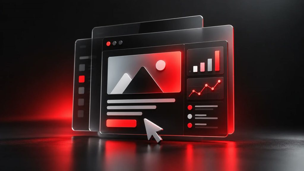 Schwebende Website-Layouts in Schwarz und Rot mit Bild, Textzeilen, Button, Mauszeiger und Diagrammen