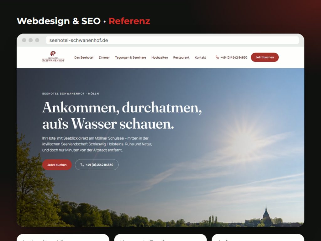Webdesign & SEO: Referenz seehotel-schwanenhof.de (Beispielwerte, Grafik in Frontside-Media-CI)