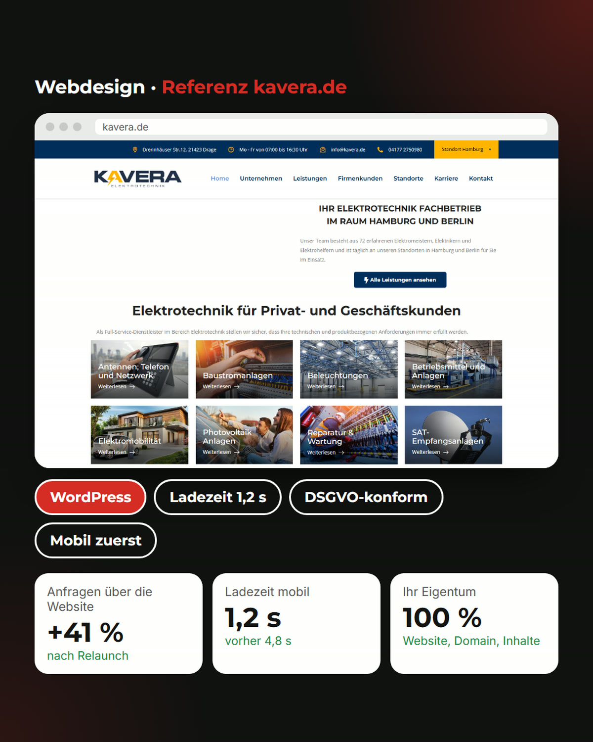 Webdesign: Referenz kavera.de im Browser (Beispielwerte, Grafik in Frontside-Media-CI)
