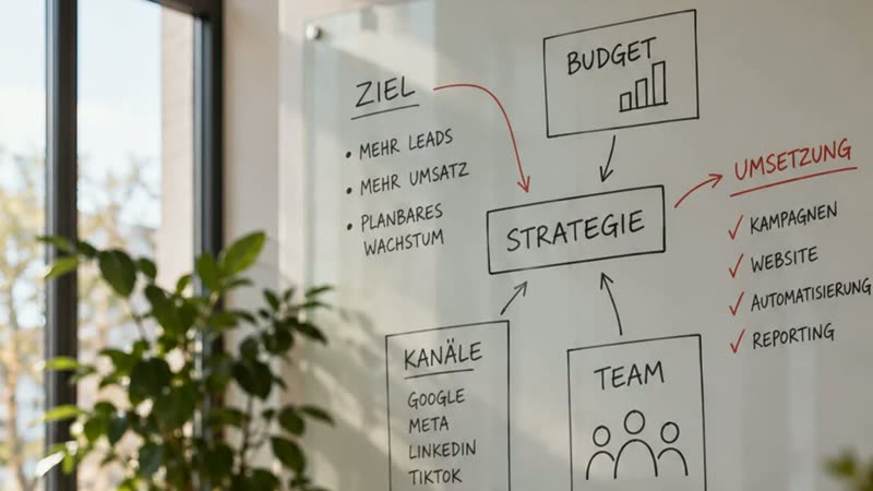 Konzeptentwicklung: Whiteboard mit Ziel, Budget, Kanälen und Team