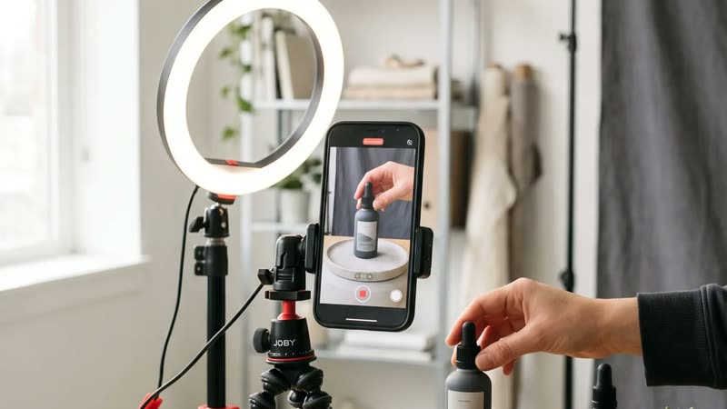 Social Media Marketing: Smartphone mit Ringlicht beim Produktvideo