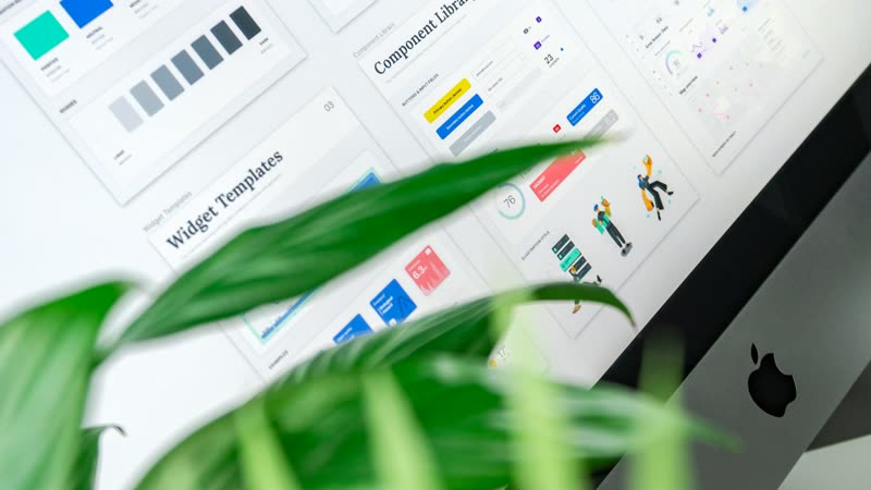Webdesign: iMac mit Design-System und Pflanze im Vordergrund